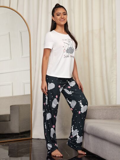 White Sweet Dreams Printed Night Suit For Women