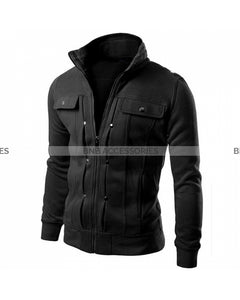 Black Double Pocket Fleece Jacket For Men