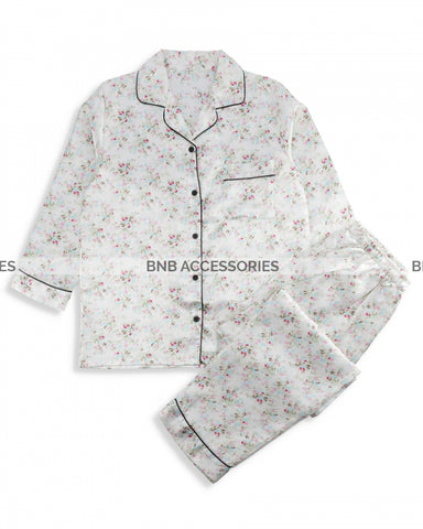 White Flower Printed Silk Night Suit For Women