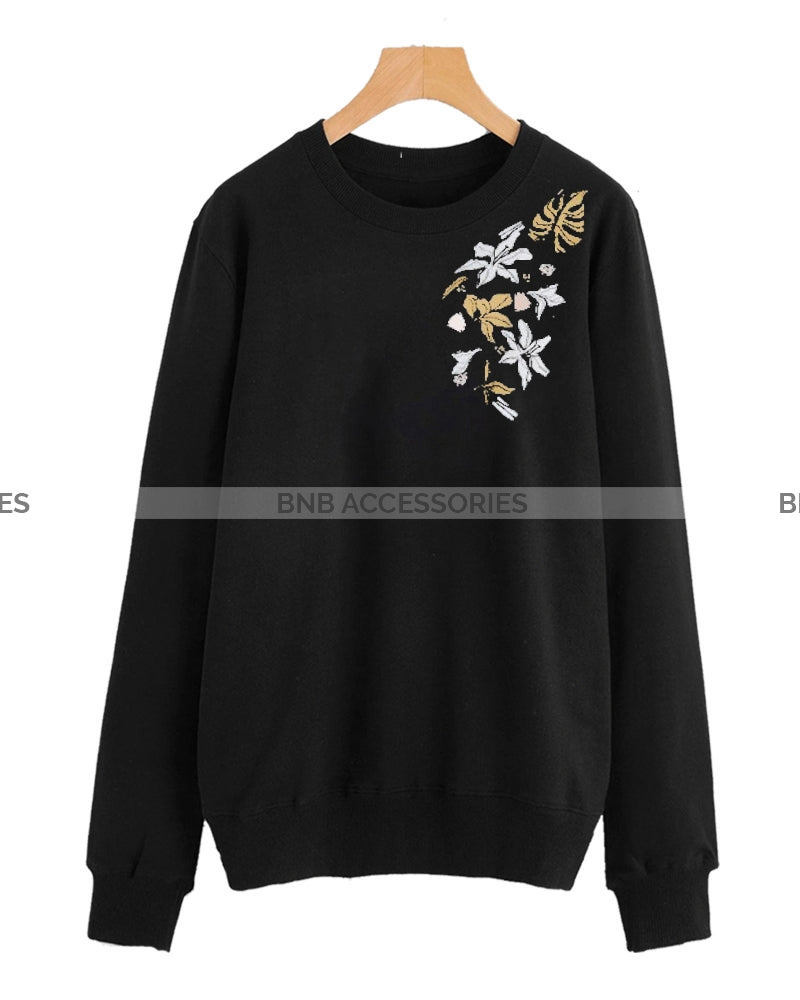 Black Side Flower Printed Sweatshirt For Women