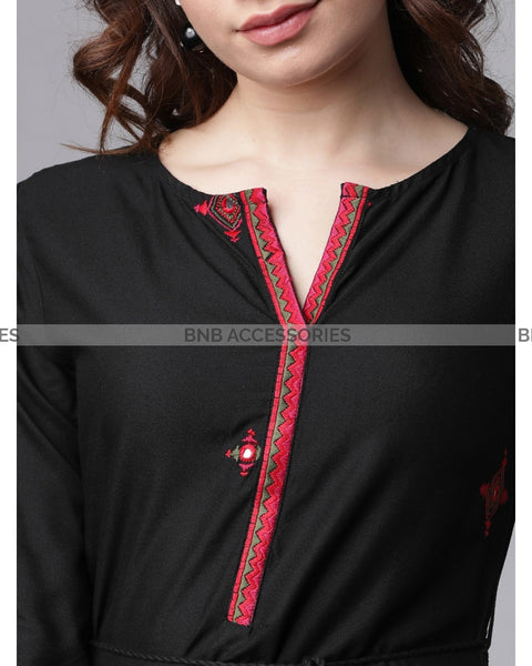 Black Y Neck Style Stitched Embroidered Kurti For Women