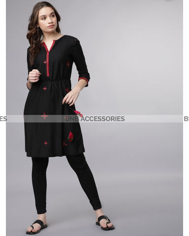 Black Y Neck Style Stitched Embroidered Kurti For Women