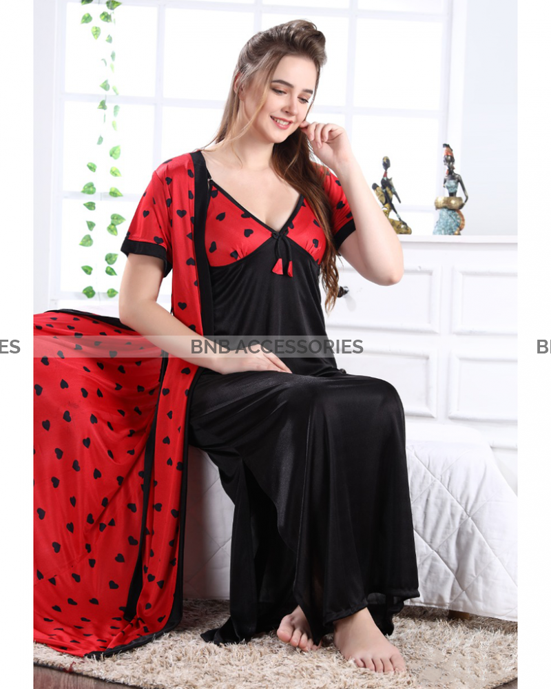 Red with black silk inner plus gown night dress for women
