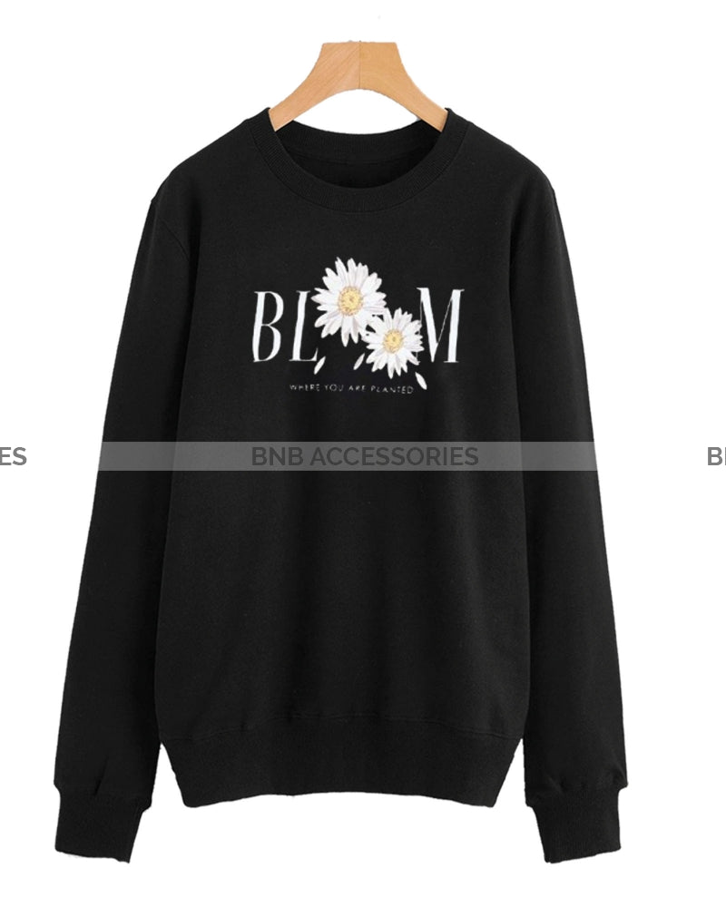 Black Bloom Printed Sweatshirt For Women