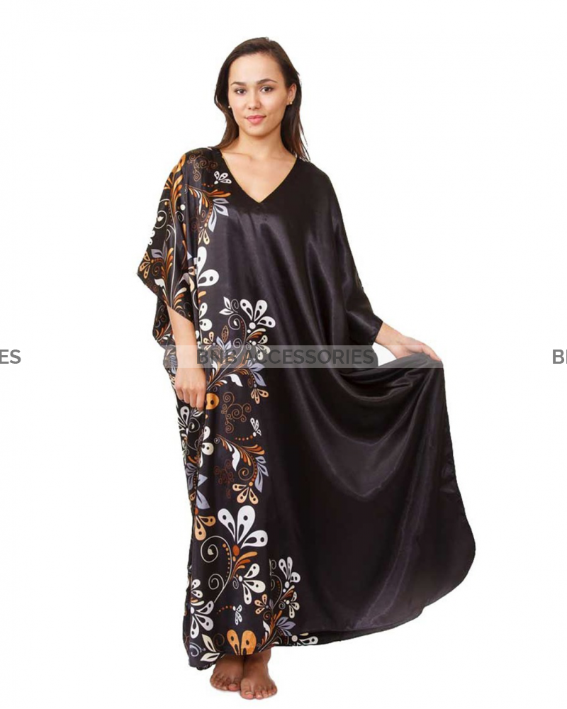 Black Floral Silk Caftan For Women