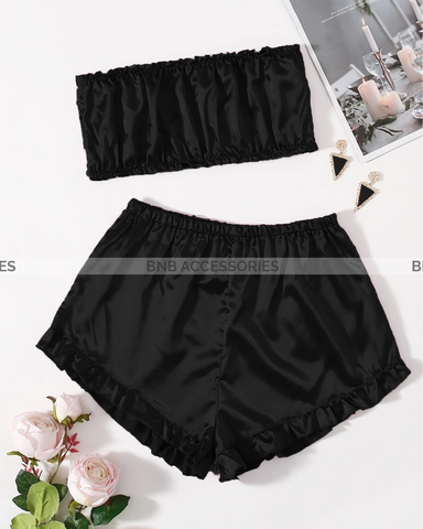 Black Satin Striped Frill Trim Tube Top And Shorts Set For Women
