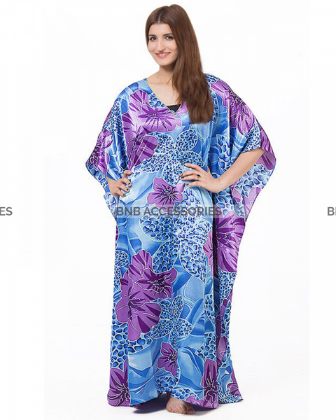 Blue And Pink Floral Printed Long Caftan For Women