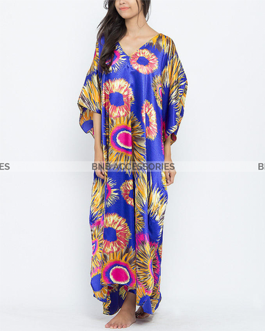 Blue Big Flower Printed Long Caftan For Women