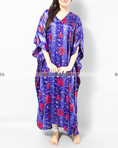 Blue Floral Printed Long Caftan For Women
