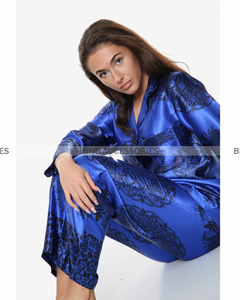 Blue With Textured Style Pajama Suit For Women