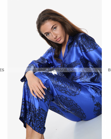 Blue With Textured Style Pajama Suit For Women