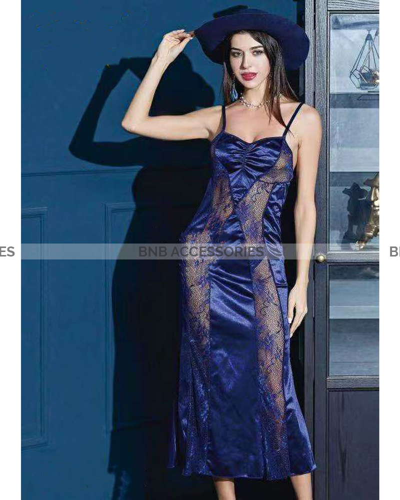Blue silk lace long chemise lingerie for women