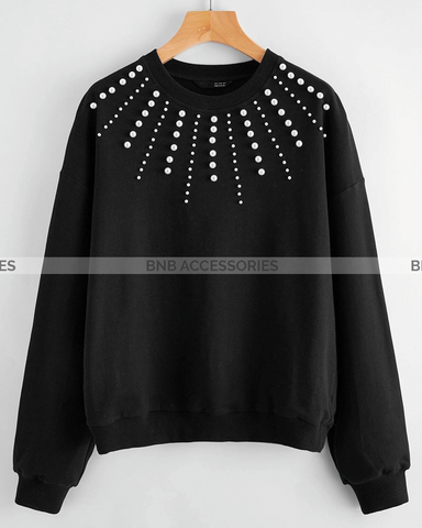 Black Stylish Pearls Beaded Sweatshirt For Women