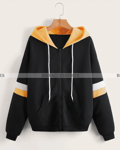 Black with Yellow and White Stripes Zipper Hoodie For Women