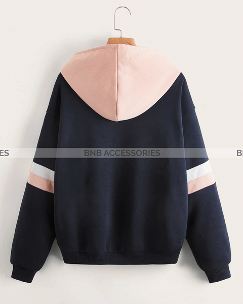 Navy Blue with Pink and White Stripes Zipper Hoodie For Women