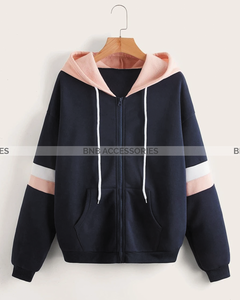 Navy Blue with Pink and White Stripes Zipper Hoodie For Women