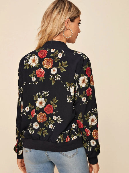 Black Floral Bomber Jacket For Women