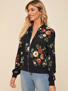 Black Floral Bomber Jacket For Women