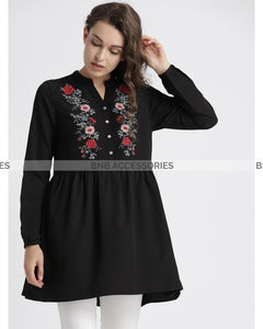 Black Flower Stitched Embroidered Short Kurti For Women
