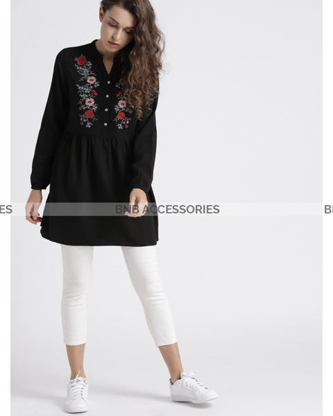 Black Flower Stitched Embroidered Short Kurti For Women