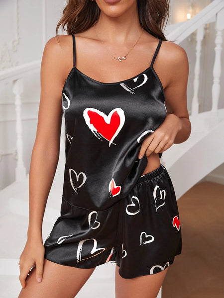 Black Hearts Silk Round Neck Cami Set For Women
