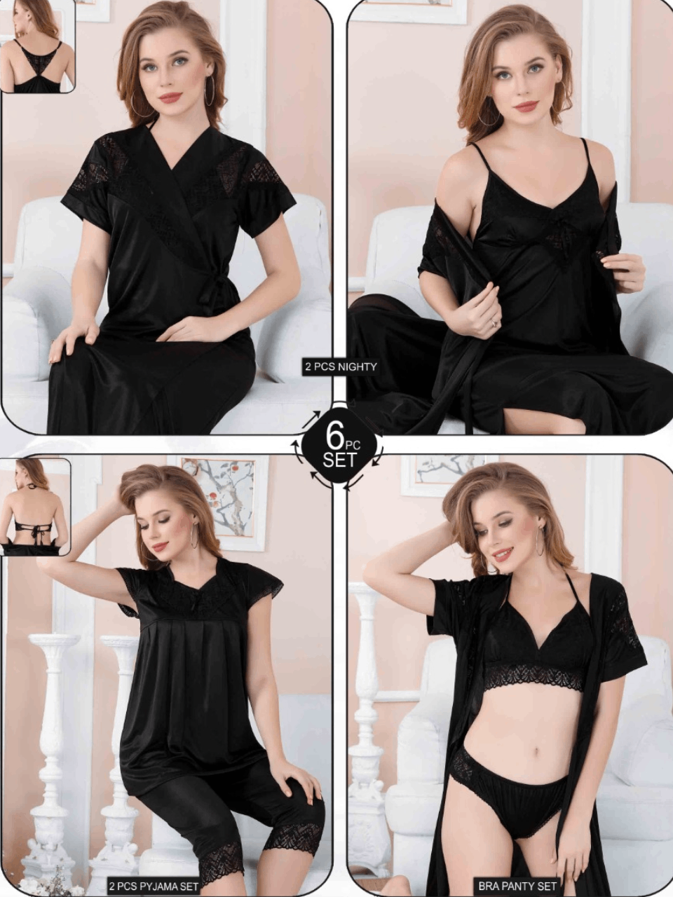 Black Solid 6 Piece Silk Lingerie Set For Women