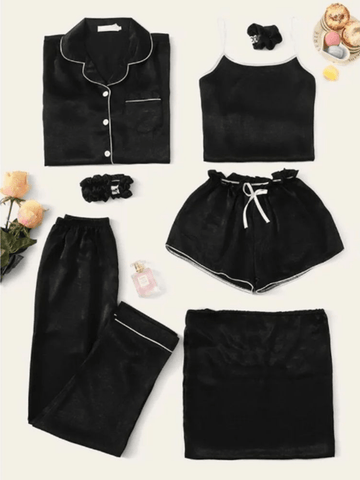 Black Solid 7 Piece Satin Silk Lingerie Set For Women
