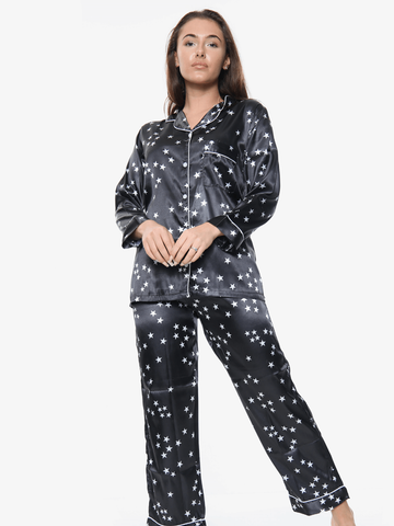 Black Star Satin Silk Pj Set For Women