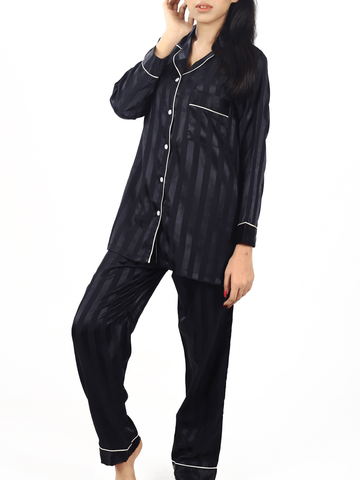 Black Stripes Satin Silk Night Suit For Women