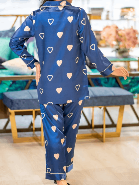 Blue Heart Satin Silk Pj Set For Women