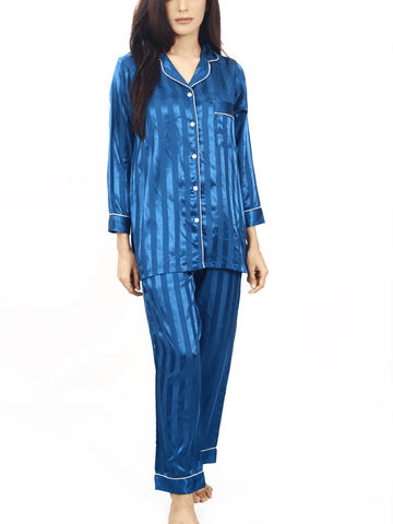 Blue Stripes Satin Silk Night Suit For Women