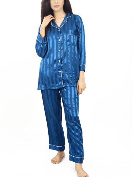 Blue Stripes Satin Silk Night Suit For Women