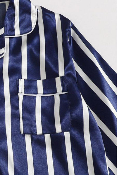 Blue With White Stripes Satin Silk Pj Set For Women