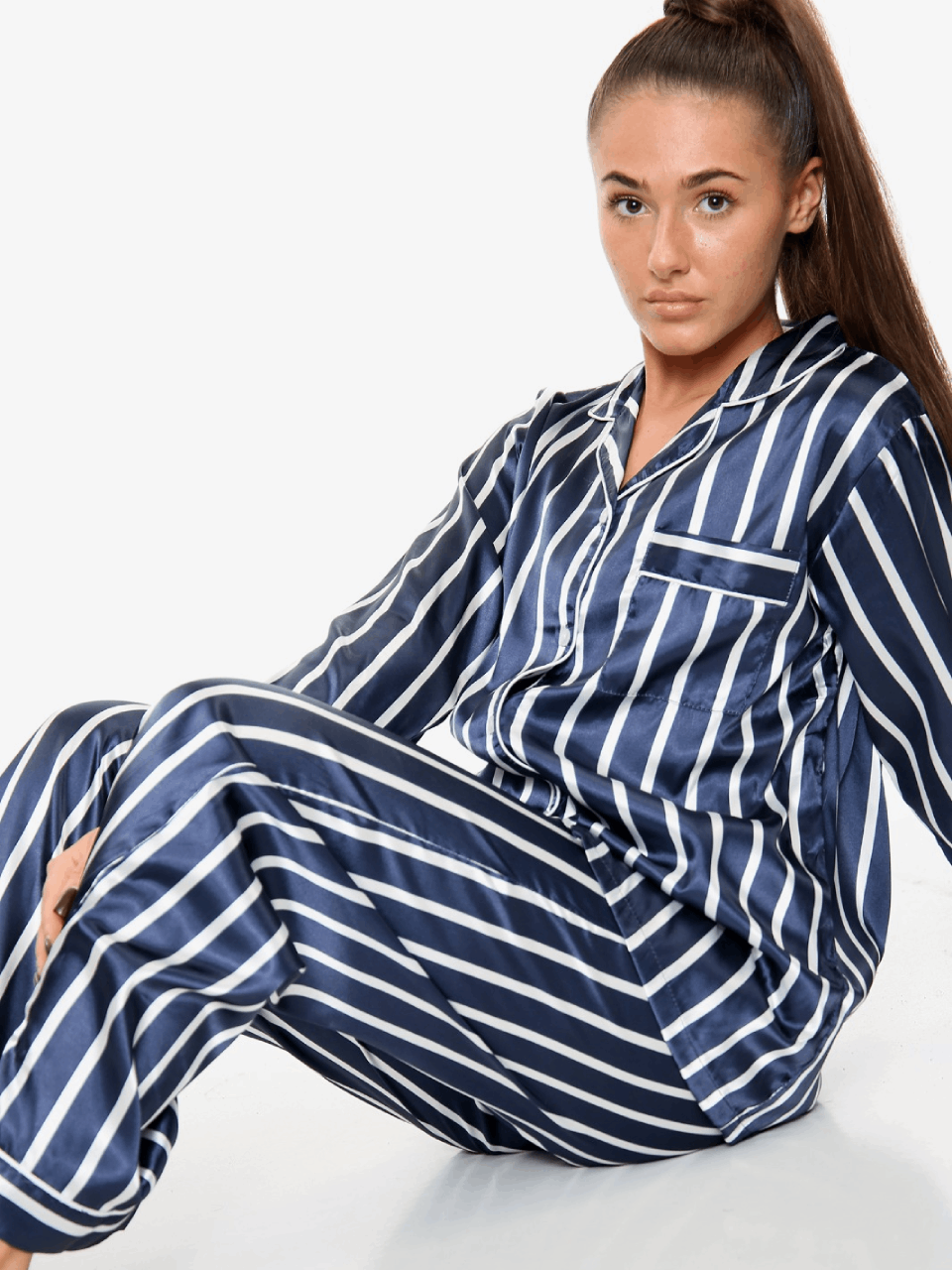 Blue With White Stripes Satin Silk Pj Set For Women