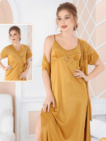 Caramel Solid 2 Piece Silk Lingerie Set For Women