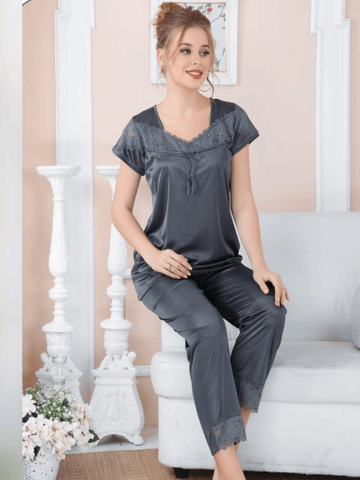 Charcoal Tassel Style Silk Night Suit For Women
