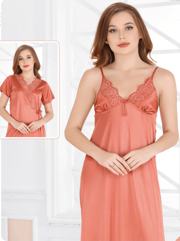 Coral Solid 2 Piece Silk Lingerie Set For Women