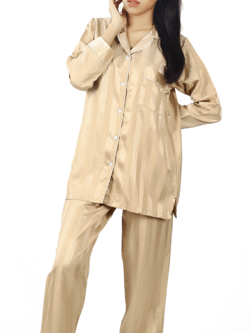 Cream Stripes Satin Silk Night Suit For Women
