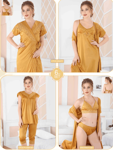 Dull Gold Solid 6 Piece Silk Lingerie Set For Women