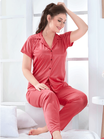 Flamingo Collar Style Silk Night Suit For Women