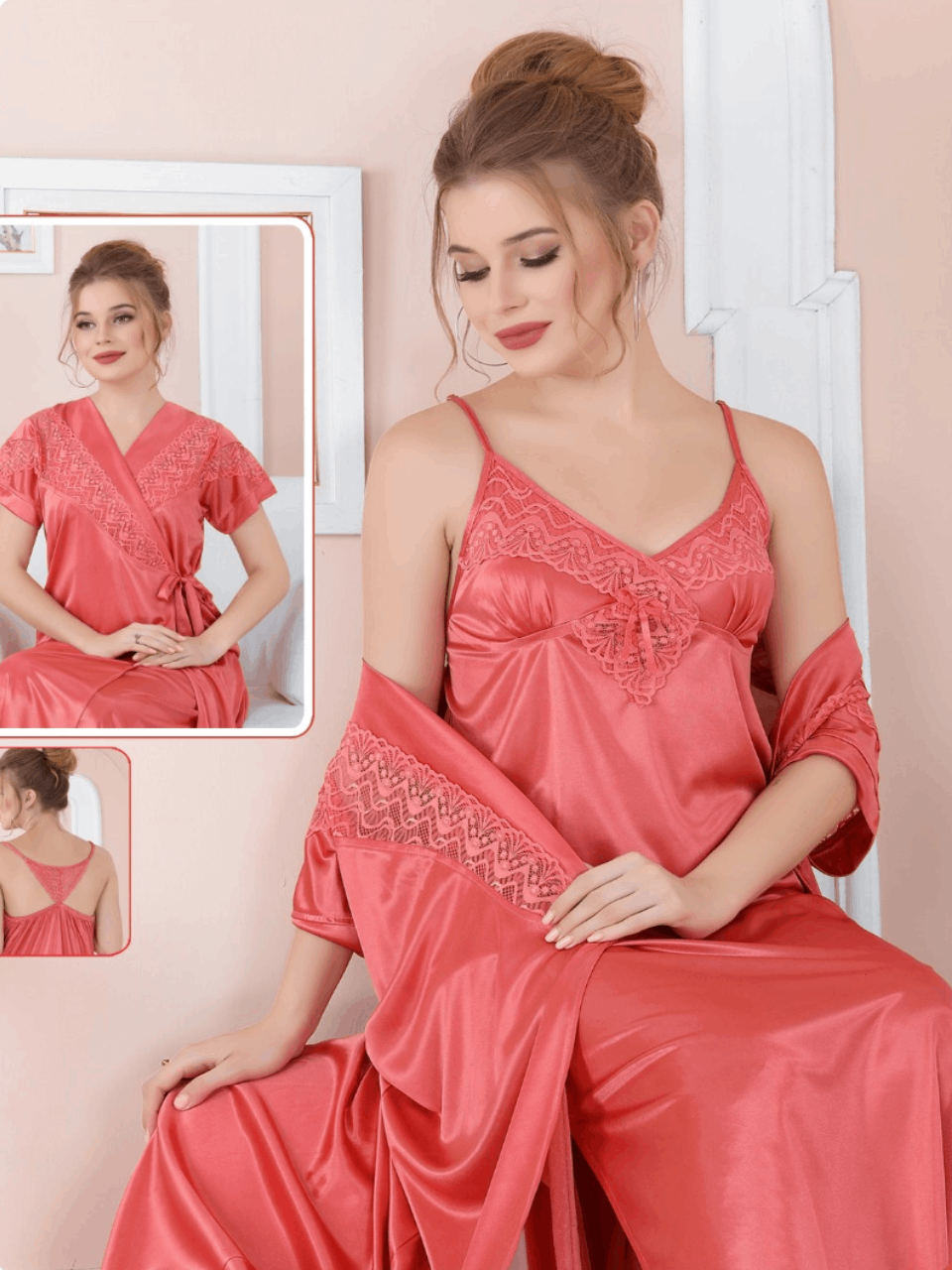 Flamingo Solid 2 Piece Silk Lingerie Set For Women