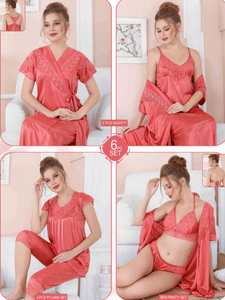 Flamingo Solid 6 Piece Silk Lingerie Set For Women
