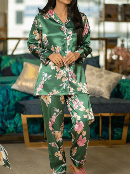 Green Tropical Flowers Silk Pj Set For Women