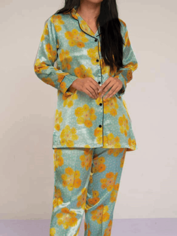Green Yellow Flower Silk Pj Set For Women