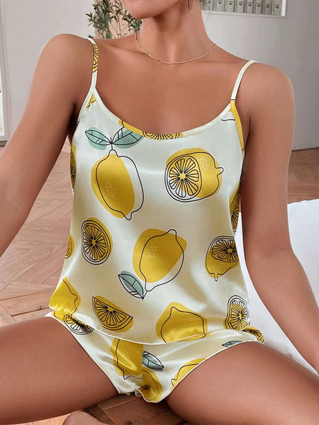 Lemon Silk Round Neck Cami Set For Women