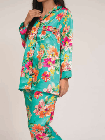 Light Green Flower Abstract Silk Pj Set For Women