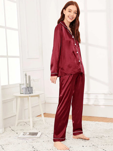 Maroon With White Pipin Silk Pj Set For Women