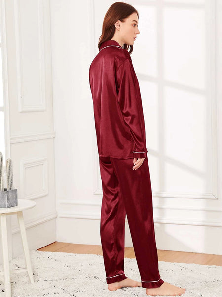 Maroon With White Pipin Silk Pj Set For Women