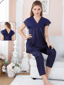 Navy Blue V Neck Net Style Silk Night Suit For Women