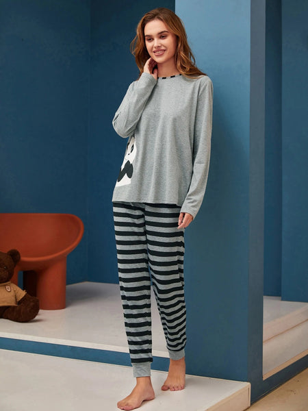 Grey Panda Stripes Night Suit For Women